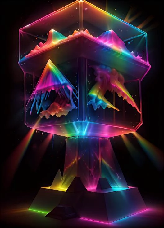 Object: Geometric Prism Sculpture, a sleek and compact design, BREAK, Appearance: Made of translucent acrylic, refracting light into a spectrum of vibrant colors, BREAK, Quality: Smooth and flawless surface, reflecting a glossy sheen, BREAK, Colors: Luminous shades of cyan, magenta, and yellow, creating a captivating chromatic display. <lyco:SpectrumAI-000014:1.1>