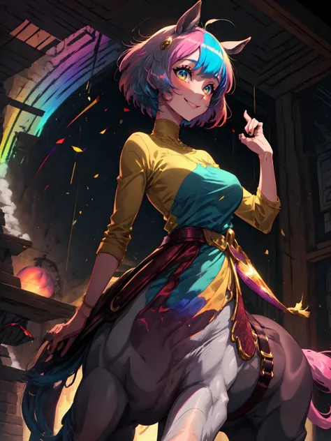 best quality,<lora:add_detail:0.25>, (1girl, solo, adult female, mature female),  <lora:style_spectrumAI_(SpectrumAI):1>, <lora:concept_goodHands:1>, <lora:detailed_eyes:1>, 
rainbow hair, pixie cut with bangs haircut, round fringe, short hair, peach eyes, SpectrumAI, smile, happy, [muscular, biceps],
<lora:concept_centaurConcept_V1:1>, SpectrumAI centaur, centaur, horse ears, SpectrumAI saddle, pelvic curtain,