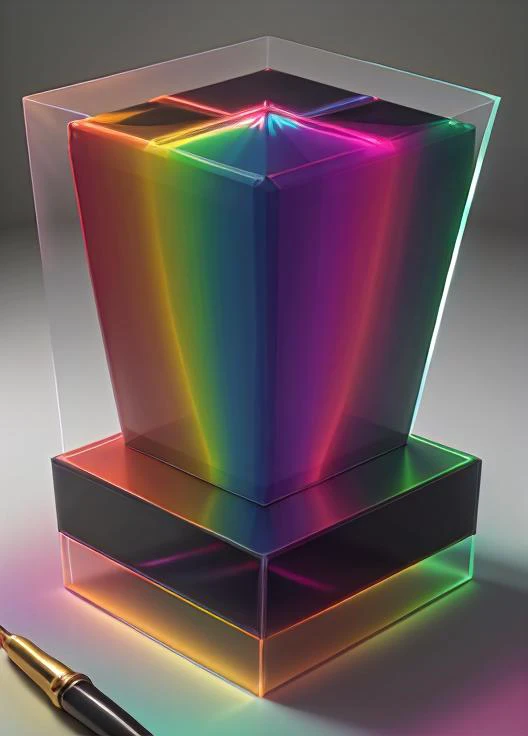 Object: Geometric Prism Sculpture, a sleek and compact design, BREAK, Appearance: Made of translucent acrylic, refracting light into a spectrum of vibrant colors, BREAK, Quality: Smooth and flawless surface, reflecting a glossy sheen, BREAK, Colors: Luminous shades of cyan, magenta, and yellow, creating a captivating chromatic display. <lyco:SpectrumAI-000014:0.5>