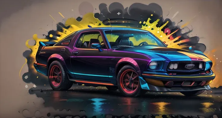 <lora:stickers-10:1.>, white background, 1980 FORD MUSTANG GT, neon colours, backlighting, vivid colours, sharp focus, <lyco:SpectrumAI-000014:1>,