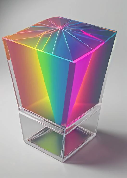 Object: Geometric Prism Sculpture, a sleek and compact design, BREAK, Appearance: Made of translucent acrylic, refracting light into a spectrum of vibrant colors, BREAK, Quality: Smooth and flawless surface, reflecting a glossy sheen, BREAK, Colors: Luminous shades of cyan, magenta, and yellow, creating a captivating chromatic display. <lyco:SpectrumAI-000014:0.2>