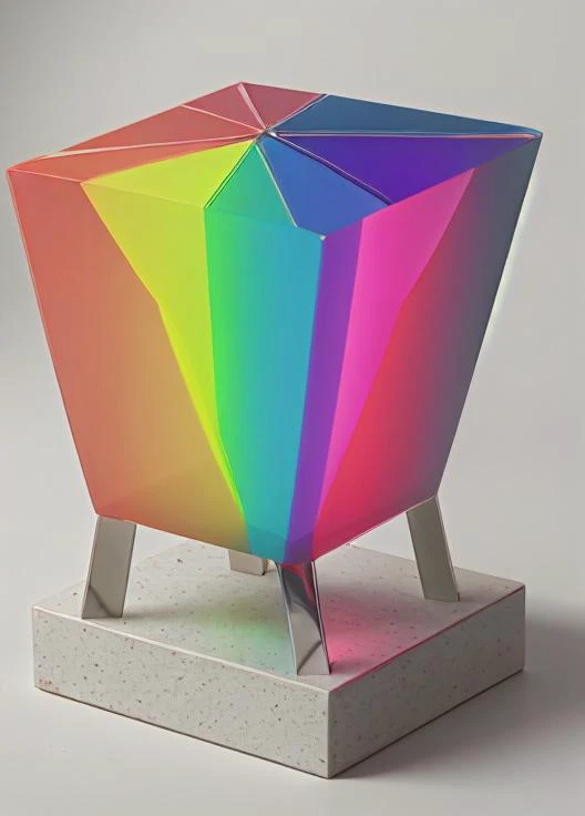 Object: Geometric Prism Sculpture, a sleek and compact design, BREAK, Appearance: Made of translucent acrylic, refracting light into a spectrum of vibrant colors, BREAK, Quality: Smooth and flawless surface, reflecting a glossy sheen, BREAK, Colors: Luminous shades of cyan, magenta, and yellow, creating a captivating chromatic display.