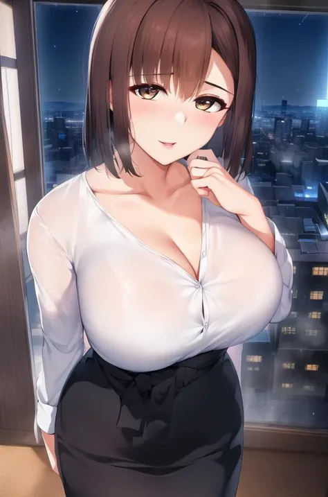 (Night:1.7), Japan, Tokyo, CityView, Before Window,
Standing at attention,
white shirt,Black_pencil_skirt,
<lora:Emi_Fujiwara_Two_Pairs-KK77-V1:0.7>,jewelry,
brown eyes, brown hair,bangs, Short_hair,
1 girl, 24yo,mature female,Beautiful Finger,Beautiful long legs,Beautiful body,Beautiful Nose,Beautiful character design, perfect eyes, perfect face,
looking at viewer, in the center of the image,focus on face,
NSFW,official art,extremely detailed CG unity 8k wallpaper, perfect lighting,Colorful, Bright_Front_face_Lighting,
(masterpiece:1.0),(best_quality:1.0), ultra high res,4K,ultra-detailed,
photography, 8K, HDR, highres, absurdres:1.2, Kodak portra 400, film grain, blurry background, bokeh:1.2, lens flare, (vibrant_color:1.2)
(Beautiful,Large_Breasts:1.2), (beautiful_face:1.5),(narrow_waist),