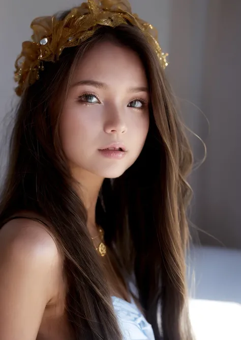 1girl, solo, upper body, looking at viewer, water T-shirt, ashes, white background, light long hair, makeup, parted lips, necklace, gold, eyeliner, wreath, <lora:MoosMST3:1> <lora:add_detail:0.4>, <lora:Belka-01:1>