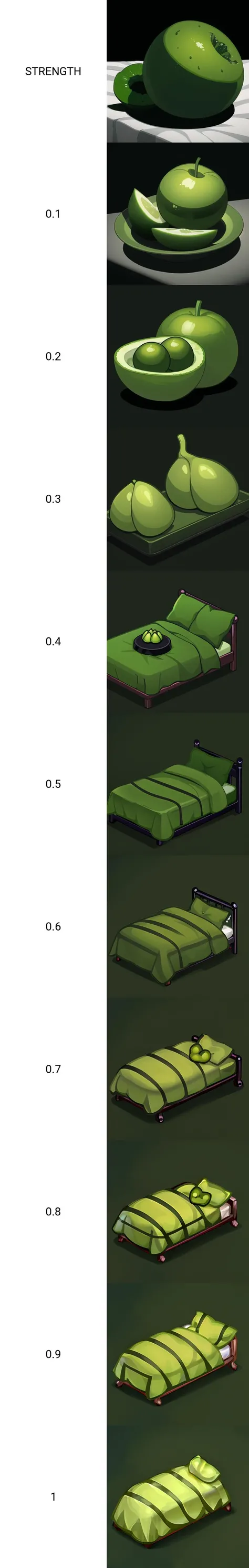 gameicon33, no humans, still life, simple background, what, black background, food focus, green theme, bed, shadow, objectification, green background, style of <lora:gameicon:STRENGTH>