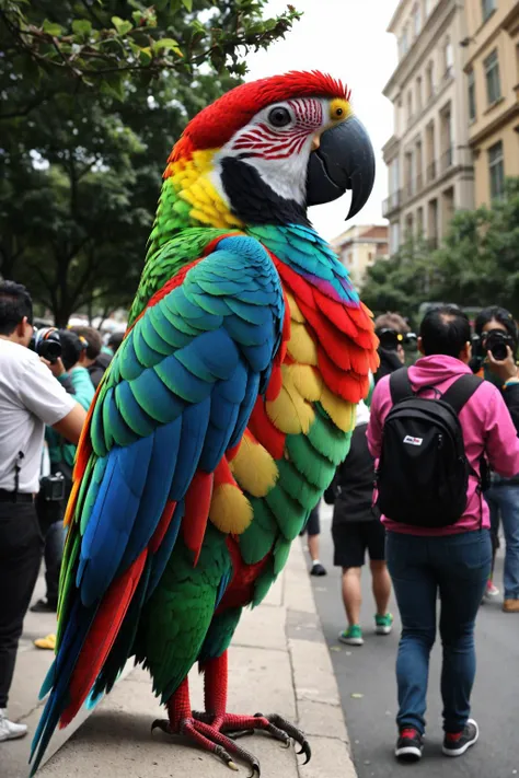 colorful giant parrot, in public, photographers, <lora:public_v3.0-locon:1>