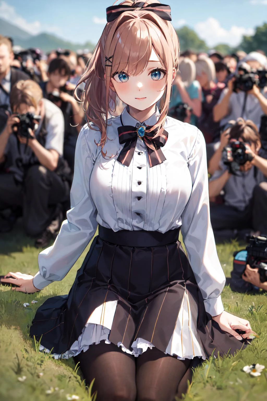 masterpiece, best quality, highres, hmsl1, ponytail, hair ribbon, x hair ornament, jewelry, bowtie, brooch, white shirt, long sleeves, vertical-striped skirt, striped pantyhose, <lora:suzuhara_lulu_v10:0.7>, cowboy shot, outdoors, wariza, grass, field. <lyco:public_v3.0-locon:1>, public, (photographers:1.3), crowd