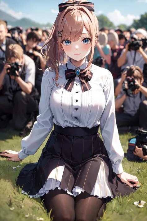 masterpiece, best quality, highres, hmsl1, ponytail, hair ribbon, x hair ornament, jewelry, bowtie, brooch, white shirt, long sleeves, vertical-striped skirt, striped pantyhose, <lora:suzuhara_lulu_v10:0.7>, cowboy shot, outdoors, wariza, grass, field. <lyco:public_v3.0-locon:1>, public, (photographers:1.3), crowd