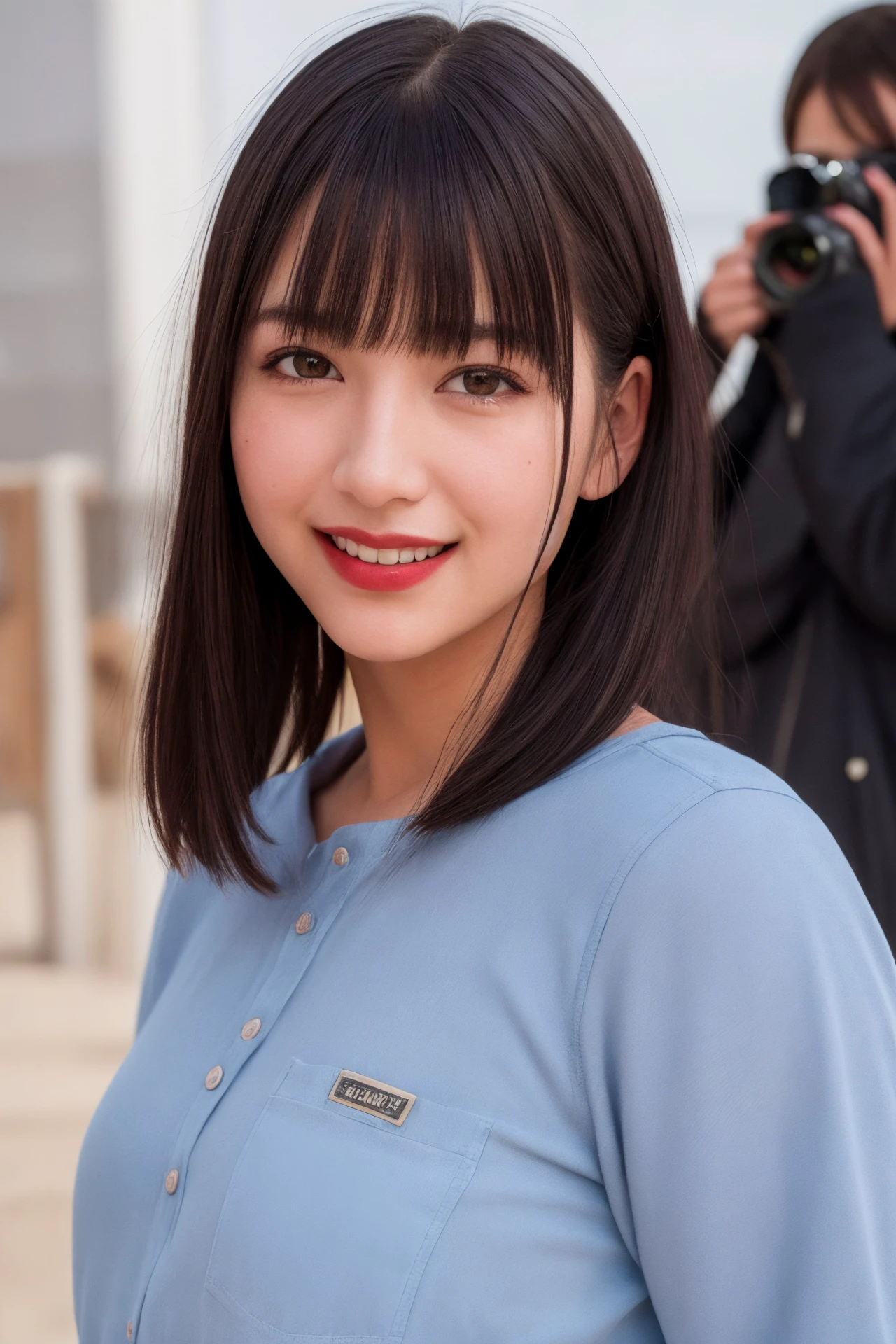 kkw-Make-up, <lora:Public_Photographers:1> public, photographers, masterpiece, best quality, highly detailed, ultra high res, (photorealistic:1.8), unreal_engine, photograph, realistic_skin_texture, 8K, HDR, raw photo, 1girl, solo, nogizaka46 concept, cute, bangs, 20yo, looking at viewer, shirt, smile, grin