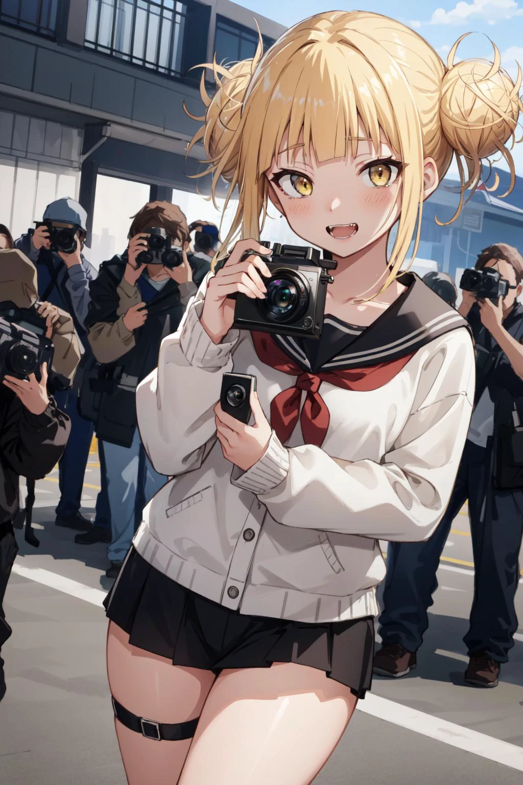 (masterpiece, best quality), intricate details, 8k, artstation, wallpaper, official art, splash art, sharp focus,
1girl, <lora:TogaHimiko-01:0.8> Toga, Himiko, Himiko Toga, fangs, yellow hair,
<lora:inPublic_v10:0.8> public, photographer, foreground, phone screen, camera,
