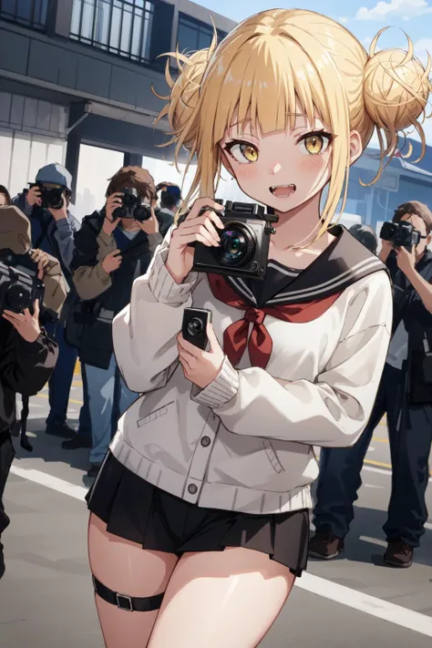 (masterpiece, best quality), intricate details, 8k, artstation, wallpaper, official art, splash art, sharp focus,
1girl, <lora:TogaHimiko-01:0.8> Toga, Himiko, Himiko Toga, fangs, yellow hair,
<lora:inPublic_v10:0.8> public, photographer, foreground, phone screen, camera,