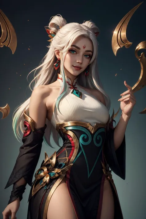 (masterpiece, best quality:1.2), intricate details, <lyco:GoodHands-beta2:1>, <lora:lol_mythmaker_irelia-000016:1>, mythmaker irelia, 1girl, hair ornament, hair rings, bare shoulders, dress, detached sleeves, forehead mark, multicolored hair, white hair, earrings, green eyes, textured skin, looking at viewer, solo, light smile, (mature female:1.2)