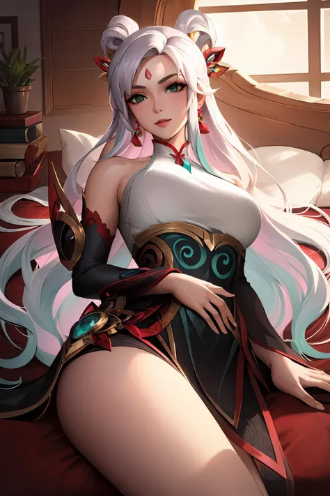 (masterpiece, best quality:1.2), intricate details, <lyco:GoodHands-beta2:1>, <lora:lol_mythmaker_irelia-000016:1>, mythmaker irelia, 1girl, hair ornament, hair rings, bare shoulders, dress, detached sleeves, forehead mark, multicolored hair, white hair, earrings, green eyes, textured skin, looking at viewer, solo, light smile, (mature female:1.2)