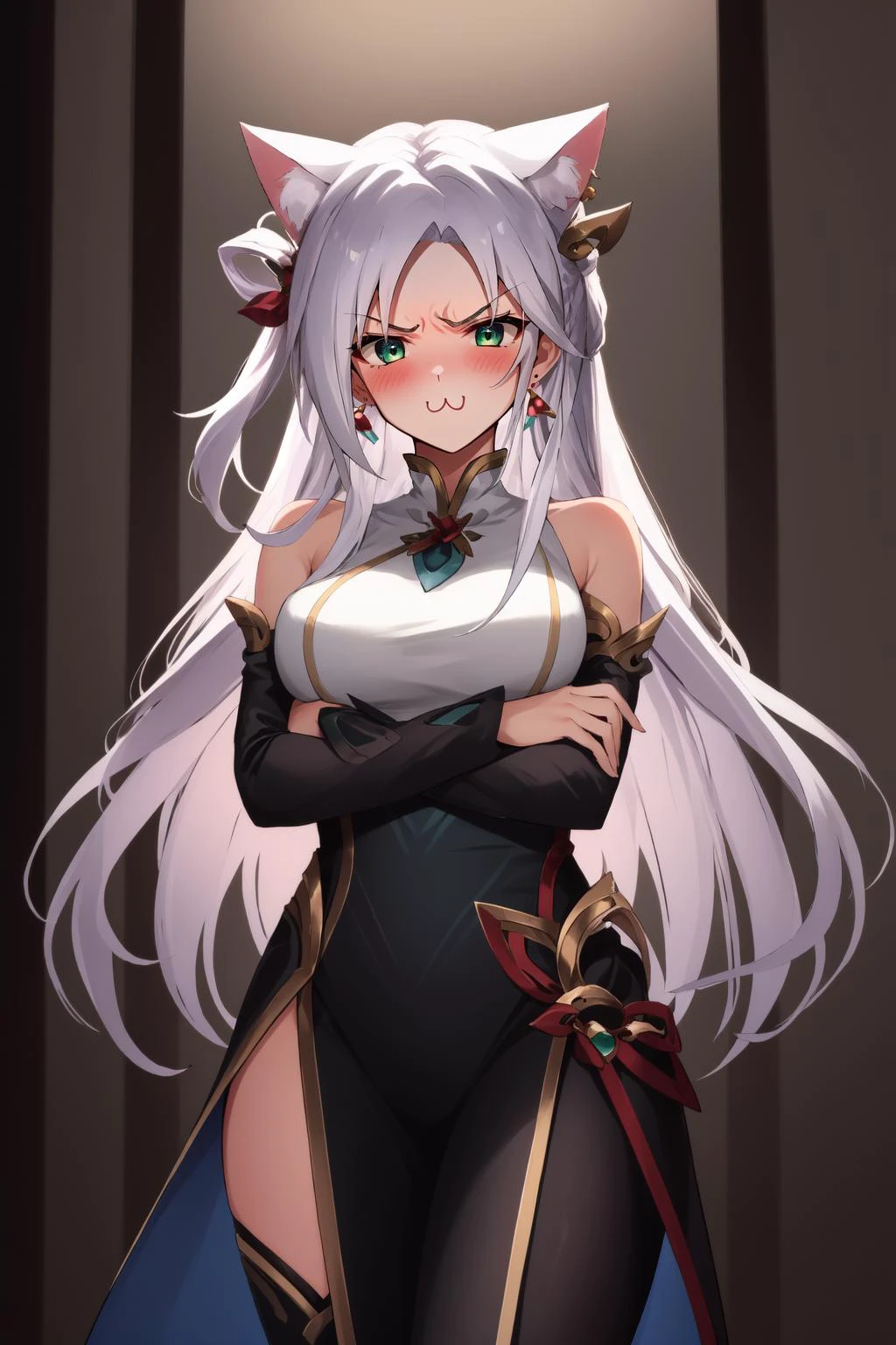 (masterpiece, best quality), intricate details,
1girl, <lora:lol_mythmaker_irelia-000016:0.8> mythmaker irelia, 1girl, hair ornament, hair rings, multicolored hair, white hair, earrings, green eyes, forehead mark,
arms crossed, glaring, angry, <lora:catmouth_v100:0.8> (:3, cat mouth:1.2) <lora:full-face_blushConv2D2.5e-5_BF16:0.8> blush, embarrassed