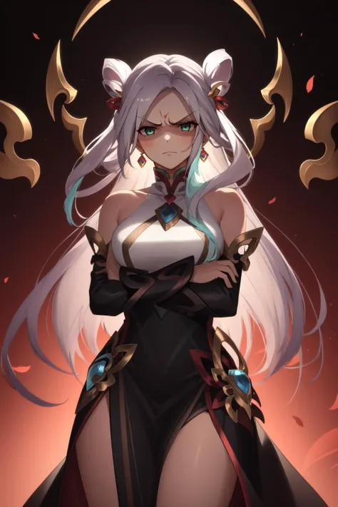 (masterpiece, best quality), intricate details,
1girl, <lora:lol_mythmaker_irelia-000016:0.8> mythmaker irelia, 1girl, hair ornament, hair rings, bare shoulders, dress, detached sleeves, multicolored hair, white hair, earrings, green eyes, forehead mark,
arms crossed, glaring, angry, <lora:shadedFaceEyesIn_shadedFace:0.8> shaded face