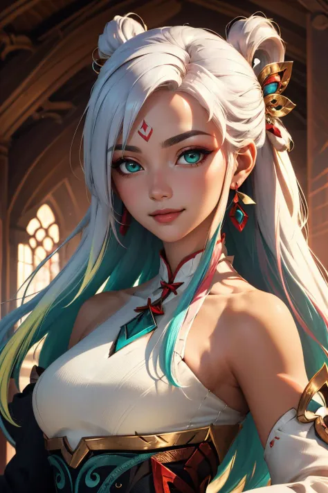 (masterpiece, best quality:1.2), intricate details, <lyco:GoodHands-beta2:1>, <lora:lol_mythmaker_irelia-000016:1>, mythmaker irelia, 1girl, hair ornament, hair rings, bare shoulders, dress, detached sleeves, forehead mark, multicolored hair, white hair, earrings, green eyes, textured skin, looking at viewer, solo, light smile, (mature female:1.2)