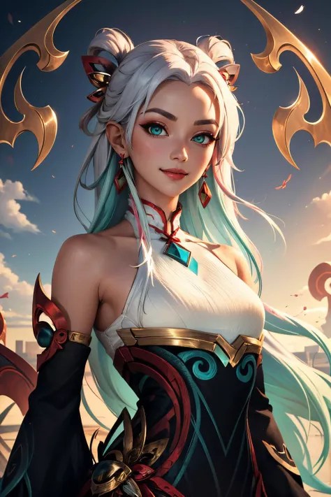 (masterpiece, best quality:1.2), intricate details, <lyco:GoodHands-beta2:1>, <lora:lol_mythmaker_irelia-000016:1>, mythmaker irelia, 1girl, hair ornament, hair rings, bare shoulders, dress, detached sleeves, multicolored hair, white hair, earrings, green eyes, textured skin, looking at viewer, solo, light smile, (mature female:1.2)