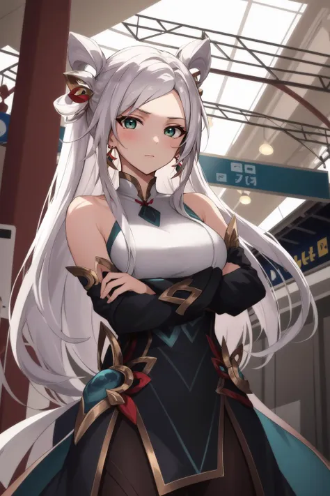 (masterpiece, best quality),  intricate details,
1girl,  <lora:lol_mythmaker_irelia-000016:0.8> mythmaker irelia, 1girl, hair ornament, hair rings, multicolored hair, white hair, earrings, green eyes, forehead mark, 
arms crossed, train station, waiting for train, outdoors, bored,