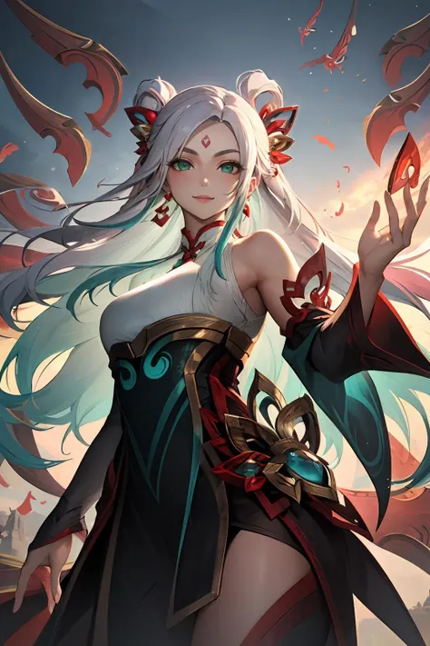 (masterpiece, best quality:1.2), intricate details, <lyco:GoodHands-beta2:1>, <lora:lol_mythmaker_irelia-000016:1>, mythmaker irelia, 1girl, hair ornament, hair rings, bare shoulders, dress, detached sleeves, forehead mark, multicolored hair, white hair, earrings, green eyes, textured skin, looking at viewer, solo, light smile, (mature female:1.2)