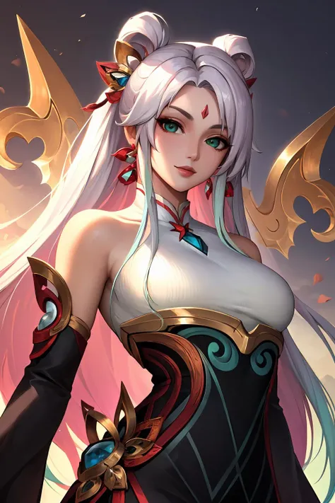 (masterpiece, best quality:1.2), intricate details, <lyco:GoodHands-beta2:1>, <lora:lol_mythmaker_irelia-000016:1>, mythmaker irelia, 1girl, hair ornament, hair rings, bare shoulders, dress, detached sleeves, forehead mark, multicolored hair, white hair, earrings, green eyes, textured skin, looking at viewer, solo, light smile, (mature female:1.2)