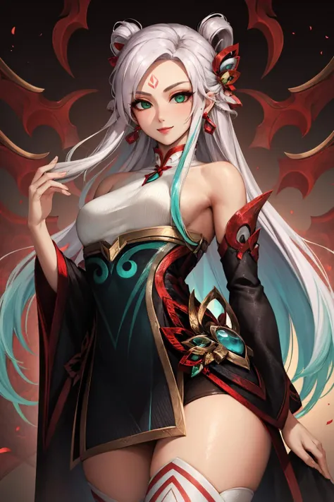(masterpiece, best quality:1.2), intricate details, <lyco:GoodHands-beta2:1>, <lora:lol_mythmaker_irelia-000016:1>, mythmaker irelia, 1girl, hair ornament, hair rings, bare shoulders, dress, detached sleeves, forehead mark, multicolored hair, white hair, earrings, green eyes, textured skin, looking at viewer, solo, light smile, (mature female:1.2)