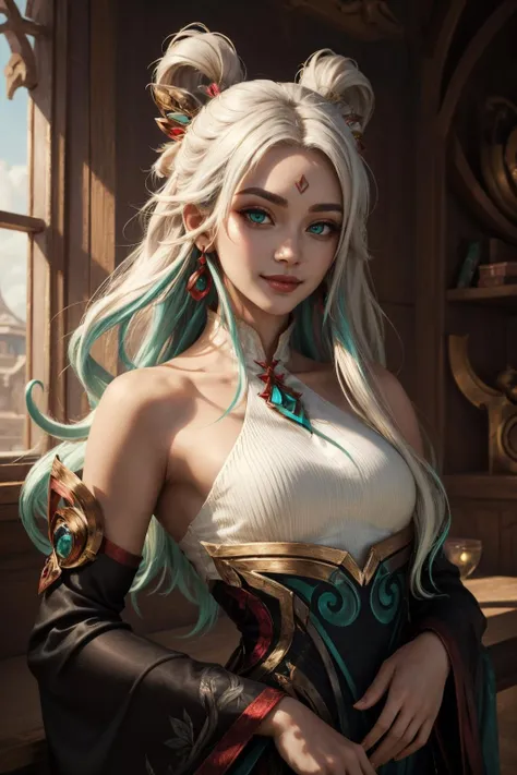 (masterpiece, best quality:1.2), intricate details, <lyco:GoodHands-beta2:1>, <lora:lol_mythmaker_irelia-000016:1>, mythmaker irelia, 1girl, hair ornament, hair rings, bare shoulders, dress, detached sleeves, forehead mark, multicolored hair, white hair, earrings, green eyes, textured skin, looking at viewer, solo, light smile, (mature female:1.2)