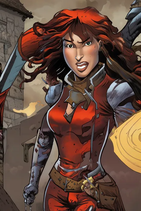 a rogue woman in a medieval city, threatening, brandishing a dagger <lora:vor_tarquin.v2.lora:1>