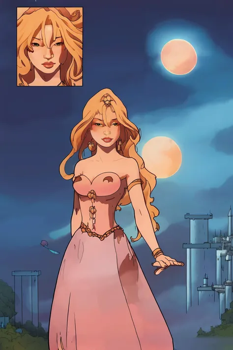 portrait of a woman at night, moon in the sky, princess dress, castle in background, looking at the sea <lora:vor_tarquin.v2.lora:1>