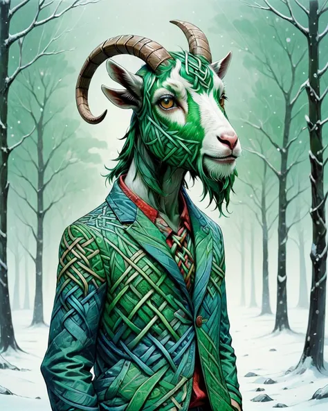 mad-viking-knot, by conrad roset, greg rutkowski and makoto shinkai, jungle, (Green theme:0.7) , Lovely (Goat:1.2) wearing a Cellphone, Snowing, 50mm, <lora:Colorful_Viking_Knot_SDXL:1>