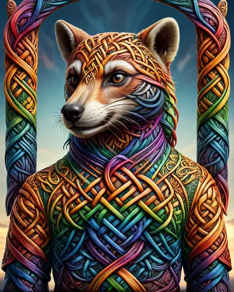 made of made of mad-viking-knot, stylized by Laure Albin Guillot, (dark rainbow theme:0.7) , Badger, at Golden hour, Complex background, <lora:Colorful_Viking_Knot_SDXL:1>