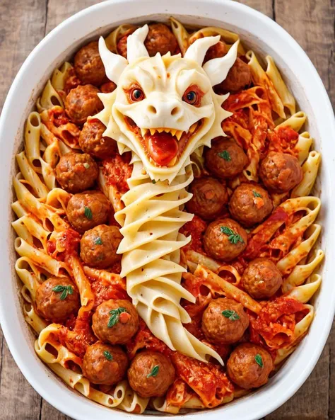 Dragon made  of <lora:MMM_Pasta:1> , pasta and meatballs