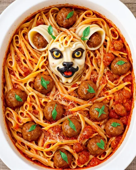 Satyr made  of <lora:MMM_Pasta:1> , pasta and meatballs