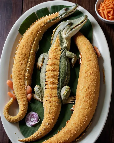 Gharial made  of made of breaded food  <lora:Breaded_Food_XL:1>