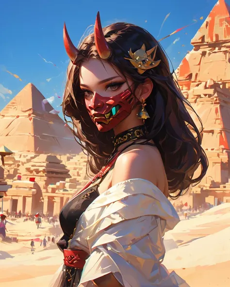 oni mask, stylized by ilya kuvshinov, giuseppe dangelico pino, michael garmash, rob rey and disney, concept art, alluring elegant Belle Époque (Frigg:1.2) , Deacon, background is glamourous Pyramids of Giza, Flickr, Summer, highly detailed, Glitch Art, F/8, Concept Art World, absurdres, <lora:Oni_Mask_SDXL:1>