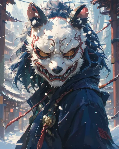 oni mask, by Makoto Shinkai and Studio Ghibli, concept art, lovely Opossum, dslr, Snowing, Wide view, ultra high res, Warm Colors, dynamic composition, lots of details, highly detailed, ornate, <lora:Oni_Mask_SDXL:1>