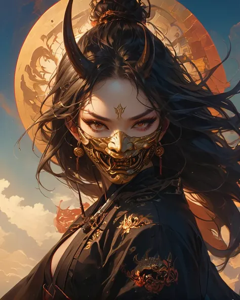 oni mask, by karol bak, james jean and tom bagshaw, concept art, Golden ratio, Supermassive black hole, dslr, at Sunset, photolab, Flustered, Pixabay, hyperdetailed, <lora:Oni_Mask_SDXL:1>