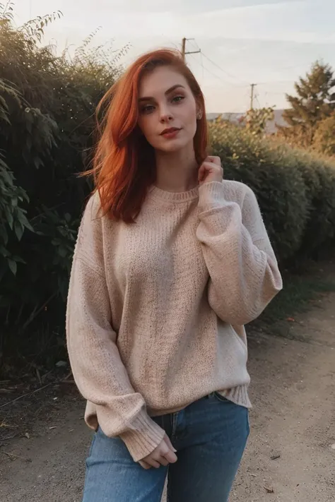 <lora:EvyDodl-000001:0.8> sweaty, cute girl, photograph, evydodl, 1girl, redhair, (slender body), (wearing makeup), (sweater), ((half-length portrait)), standing pose, outdoors, detailed skin, perfect composition, High Detail, absurdres, perfect lighting.<lora:lcm-lora-sdv1-5:1.0><lora:lcm-lora-sdv1-5:1.0><lora:lcm-lora-sdv1-5:1.0>