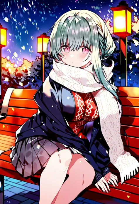 score_9, score_8_up, score_7_up, source_anime, 1girl,side braid, big breasts, sweater, black coat, scarf, aqua hair, pink eyes, pleated skirt, long skirt, night, outdoor, snowing, under a tree, dynamic light, sitting, on bench   <lora:kazutake-hazano-Style-PonyXL-Dora-000021:1>