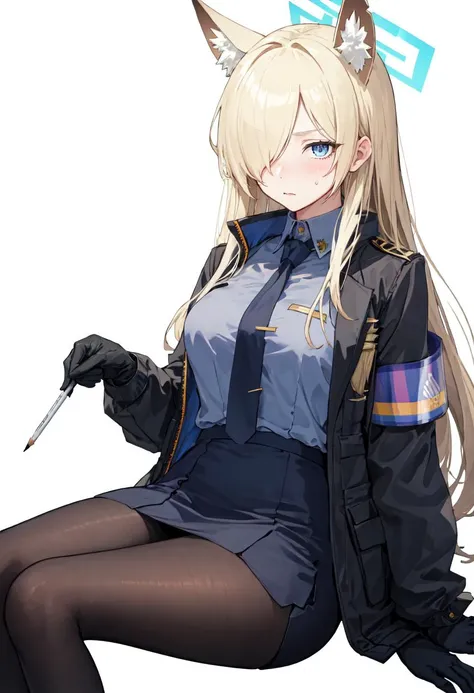 best quality, masterpiece, highres, solo, (kanna_bluearchive:1.10), 1girl, black jacket, blue shirt, closed mouth, collared shirt, long sleeves, open jacket, pencil skirt, black gloves, black pantyhose, blue necktie, blue skirt, blush, looking at viewer, armband, simple background, sitting, sweatdrop, tie clip, white background, 3 <lora:kanna_bluearchive:0.80>