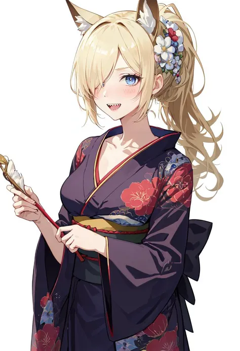 best quality, masterpiece, highres, solo, (kanna_bluearchive:1.10), 1girl, hair flower, looking at viewer, blush, obi, long sleeves, ponytail, wide sleeves, alternate costume, floral print, yukata, smile, black kimono, holding, open mouth, sharp teeth, collarbone, simple background, white background, 10 <lora:kanna_bluearchive:0.80>