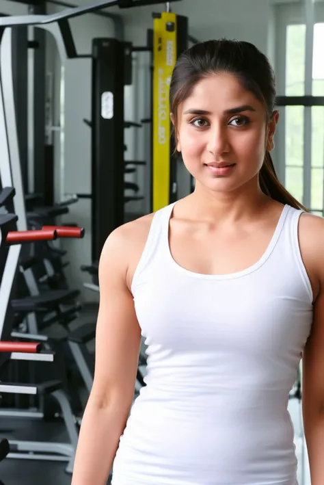 portrait of woman wearing white vest and brief, in gym,