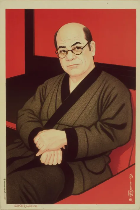 A woodblock print of George Costanza, sitting on Jerry's couch, shin hanga style <lora:Shin_Hanga_sd1.5_v1:1.1>