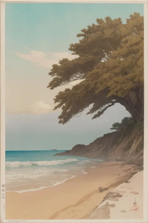 shin hanga style, outdoors,sky,day,cloud,signature,water,tree,no_humans,ocean,traditional_media,beach,border,nature,scenery,white_border,shore <lora:Shin_Hanga_sd1.5_v1:1.1>
