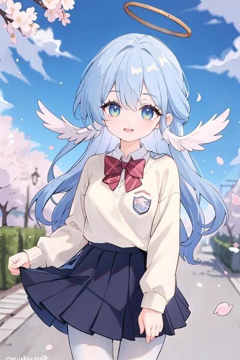 1girl, robin \(honkai: star rail\), solo, head wings, halo, school uniform, white shirt, sweater, pleated skirt, pantyhose, light smile, looking at viewer, outdoors, street, cherry blossoms, petals, depth of field