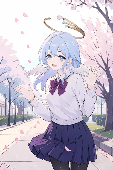 1girl, robin \(honkai: star rail\), solo, head wings, halo, school uniform, white shirt, sweater, pleated skirt, pantyhose, light smile, waving, looking at viewer, smile, open mouth, outdoors, street, cherry blossoms, petals, depth of field