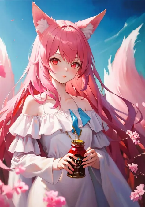Fox ears,Pink hair,1girl,Red eyes,((transparency:1.1) white_off-shoulder dress),long hair,depth of field,oil painting,gouache,The red lake,