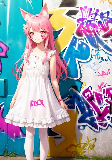 Fox ears,Pink hair,1girl,Red eyes,,White stockings,Elegant dress,((graffiti))