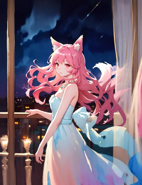 Fox ears,Pink hair,1girl,sparkle Red eyes,Long hair,white chiffon strapless dress,wavy_hair,necklace,cinematic angle,glowing light,depthoffield,bashfulness,(silhouette),(watercolor),(sketch),(Oil painting),Open balcony, the curtains, the starry sky,Aestheticism Painting,