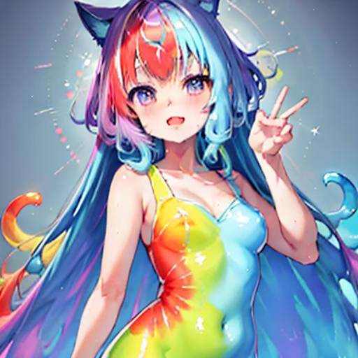 Slime Girl<lora:slimeGirl_v10:0.8>, Beautiful Art Style, 1girl, young woman, splashy, kitchen, symmetrical hand pose, espeon,<lora:furryEeveelutionLora_v2:0.8>, 1girl, multicolored hair, multicolored eyes, multicolored_dress, (multicolored_background:1.4), long hair, very long hair, <lora:style_MikaPikazo:0.8>
