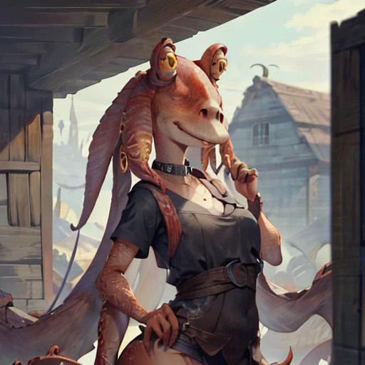 tentaclehorrorai, jar jar binks, Beautiful Art Style, 1girl, young woman, looking at viewer, beauteous, hen house, adjusting her collar, <lora:jarJarBinksGunganStar_v3:0.6> <lora:tentaclehorrorai_v10:0.8>, nsfw